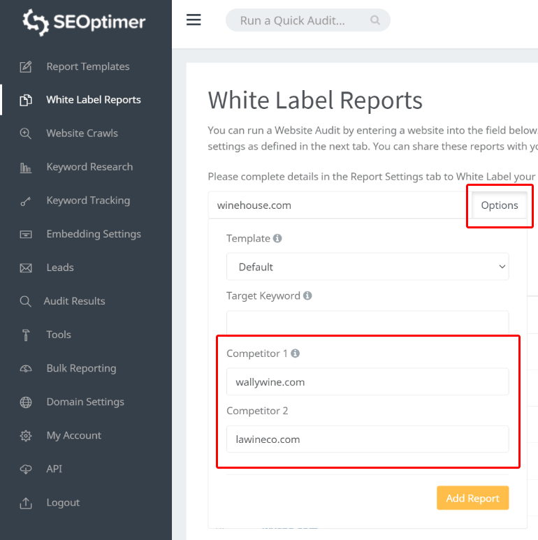 Competitor setup in white label reports